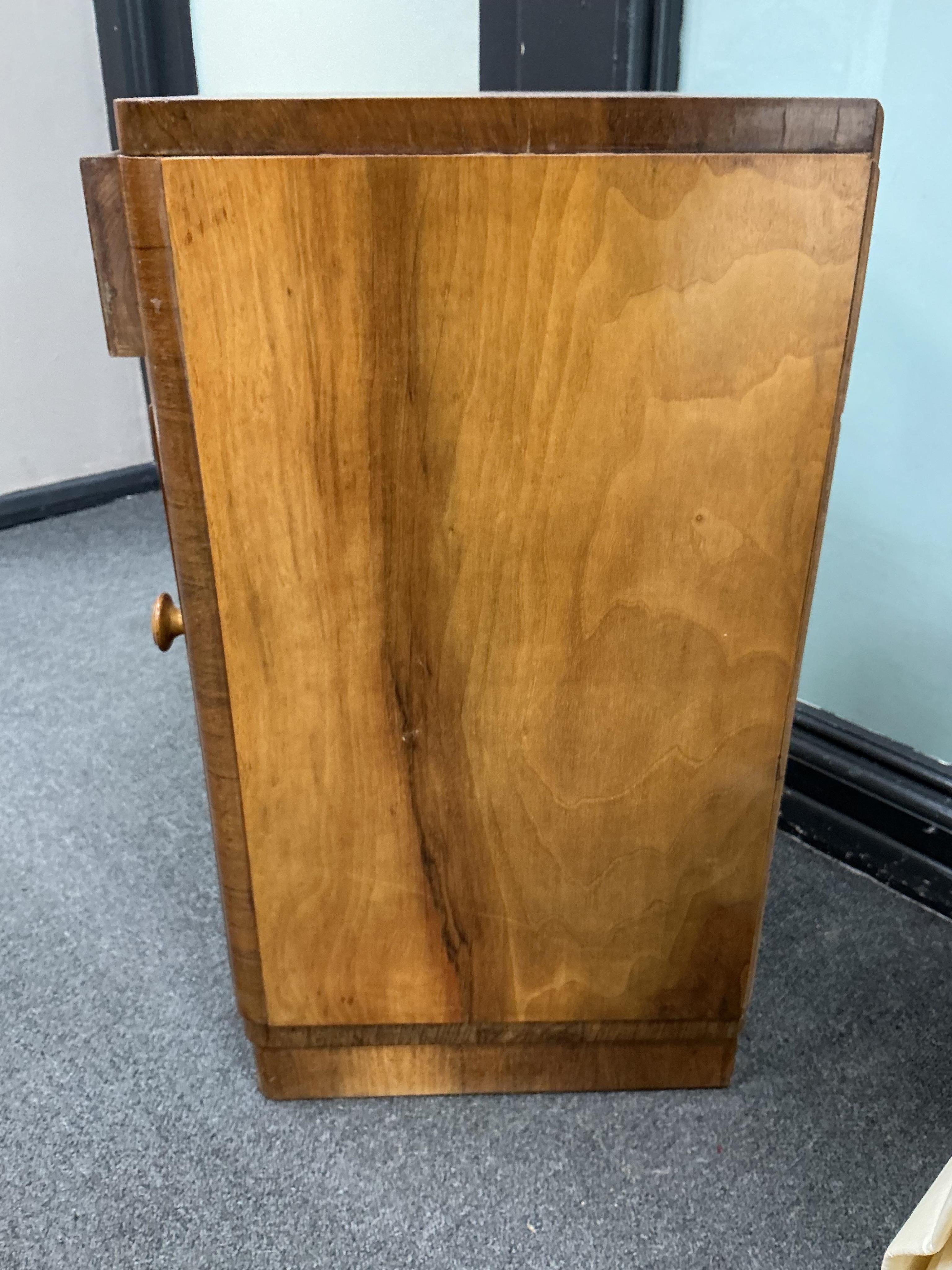 A pair of Art Deco walnut bedside cabinets width 33cm, depth 33cm, height 60cm